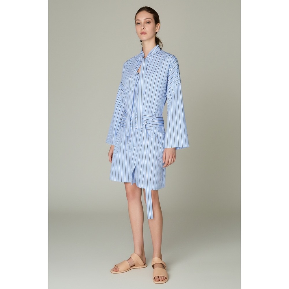 Victoria Beckham Blue White Striped Tie Front Belted Shirt Dress Size 10